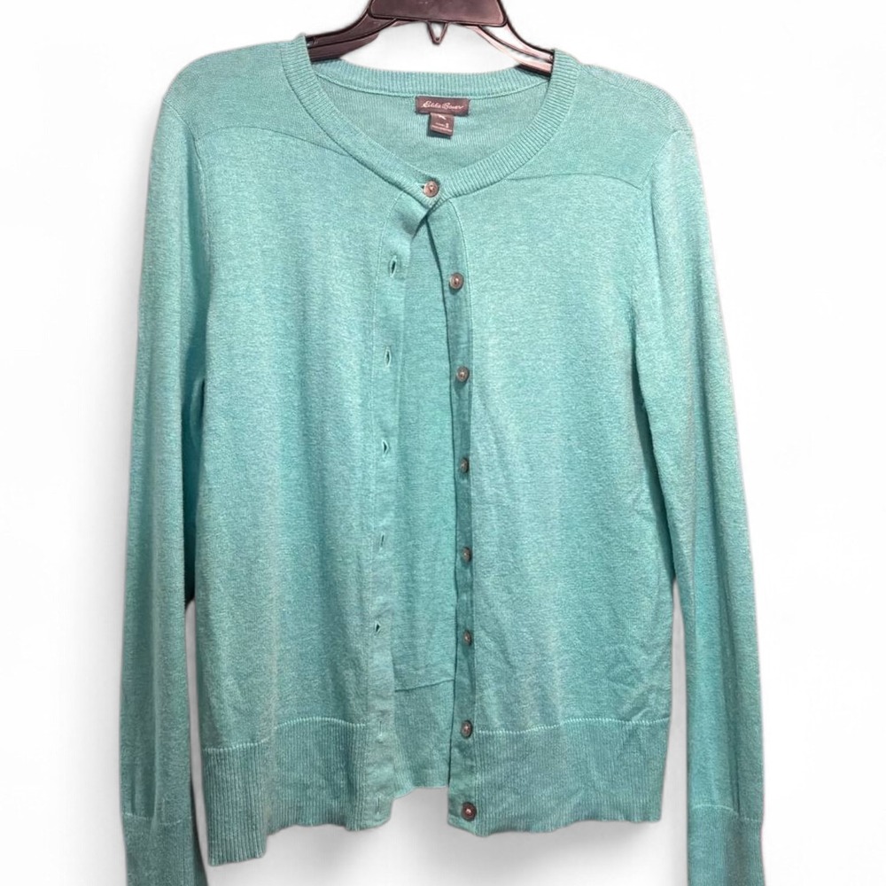 Eddie Bauer Womens‎ Small Turquoise Cardigan Sweater Spring Cotton Blend Soft